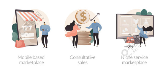 電子商務(wù)應(yīng)用程序抽象概念矢量插圖集?；谝苿拥氖袌?、咨詢銷售、利基服務(wù)在線零售、使用智能手機抽象隱喻買賣產(chǎn)品。電子商務(wù)應(yīng)用程序抽象概念矢量插圖。